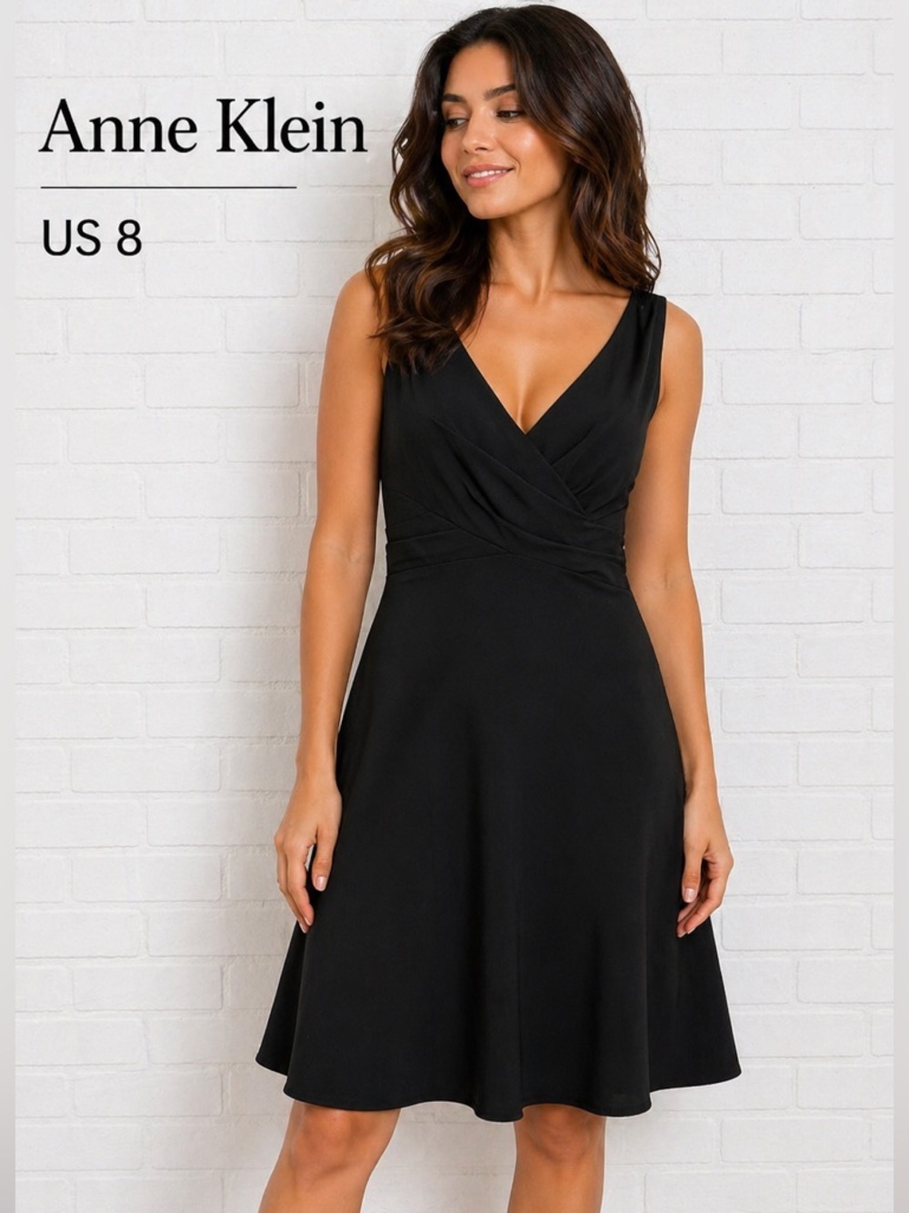 Anne Klein Black Fit & Flare Dress Size 8 Sleeveless V-Neck Elegant Classic